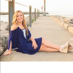 Blue open-shoulder dress